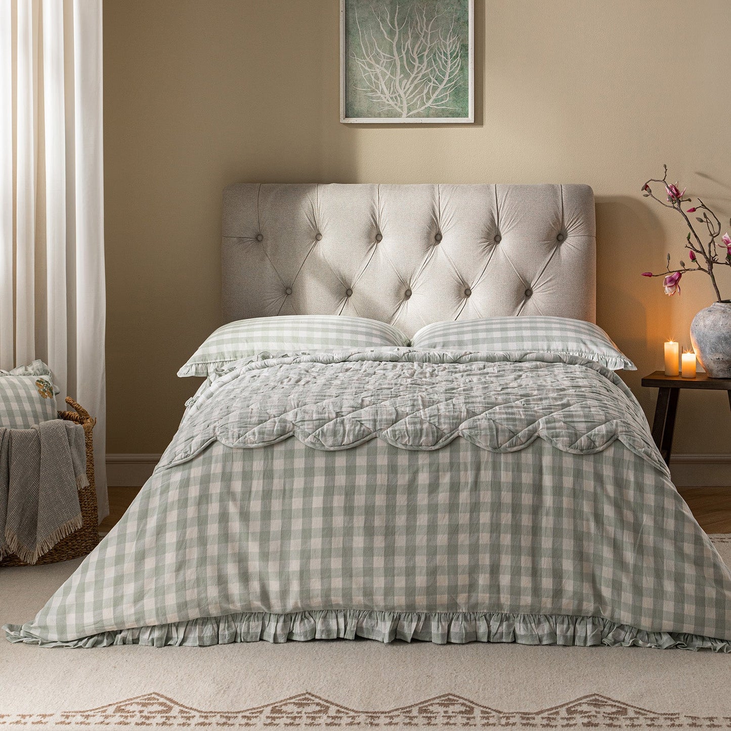 Petit lit double rabattable Portland avec boutons, ottoman, tissu tissé beige