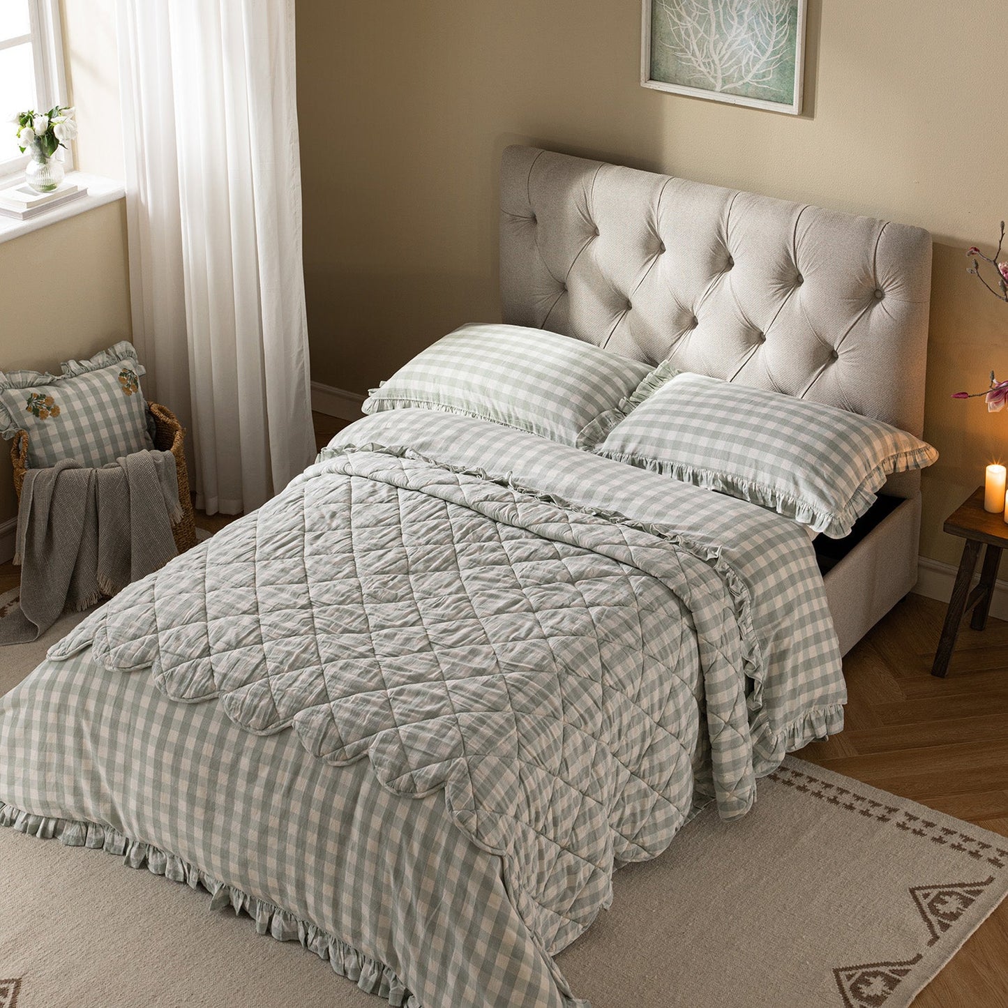 Petit lit double rabattable Portland avec boutons, ottoman, tissu tissé beige