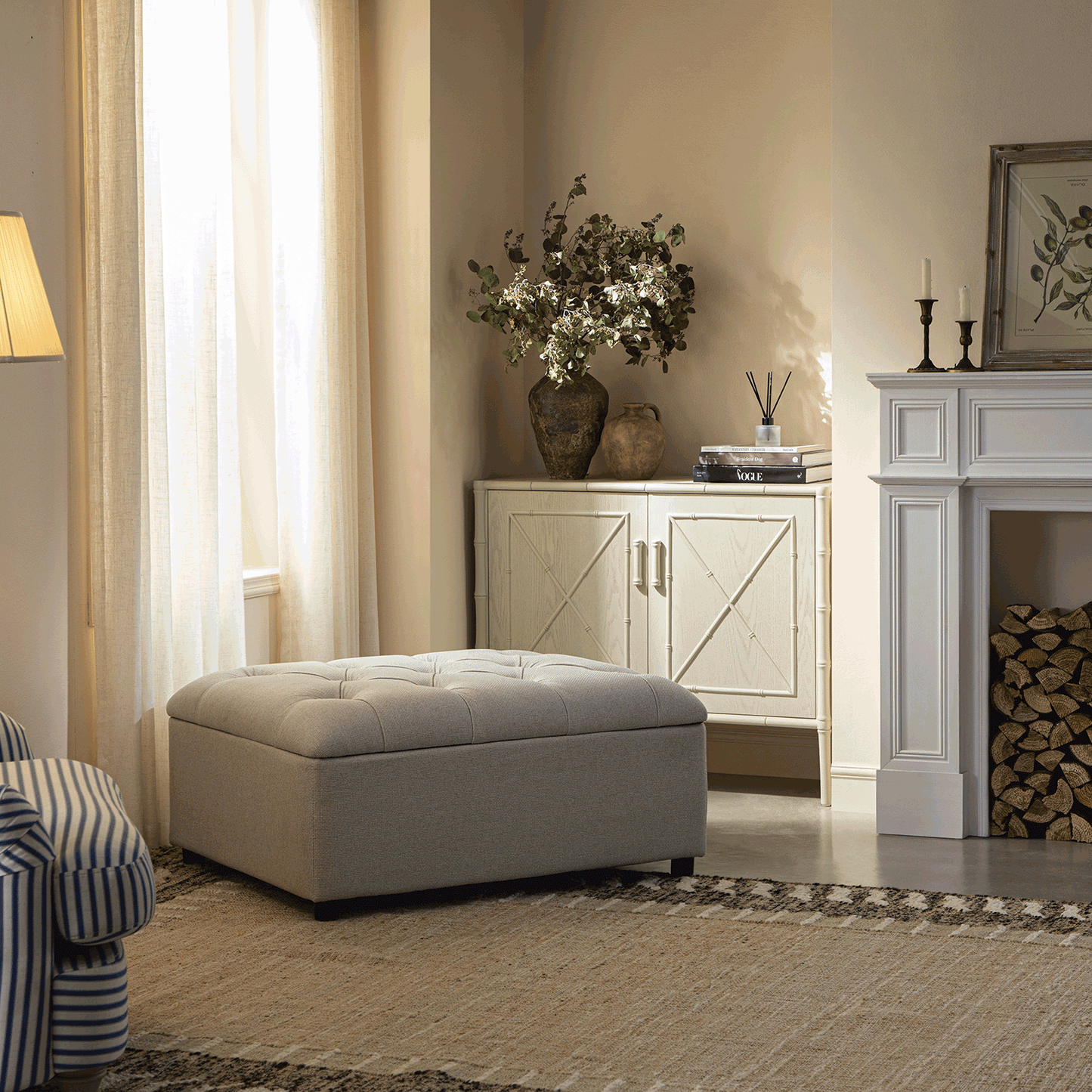 Lit simple rabattable Portland à boutons, en tissu tissé beige