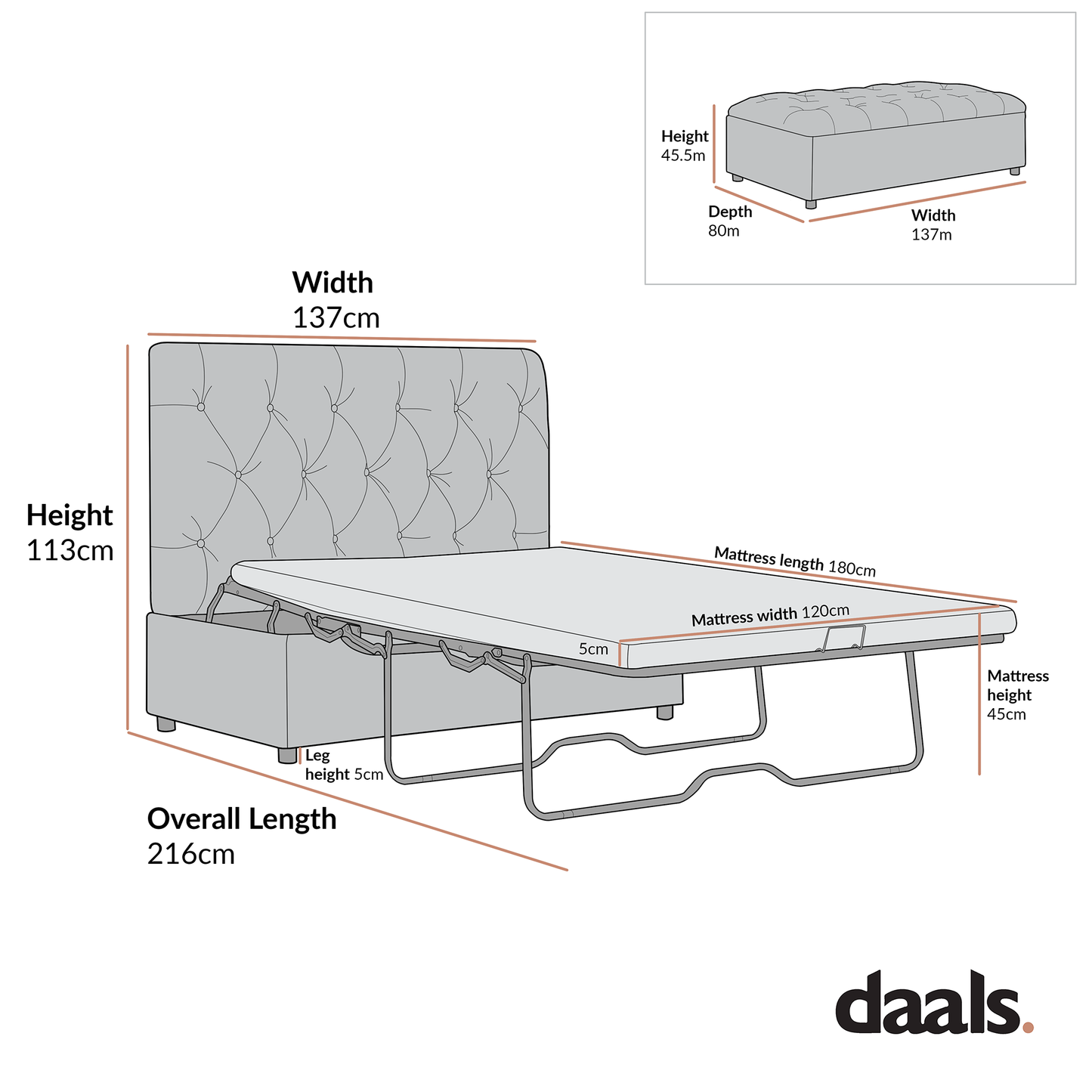 Petit lit double rabattable Portland avec boutons, ottoman, simili-daim beige