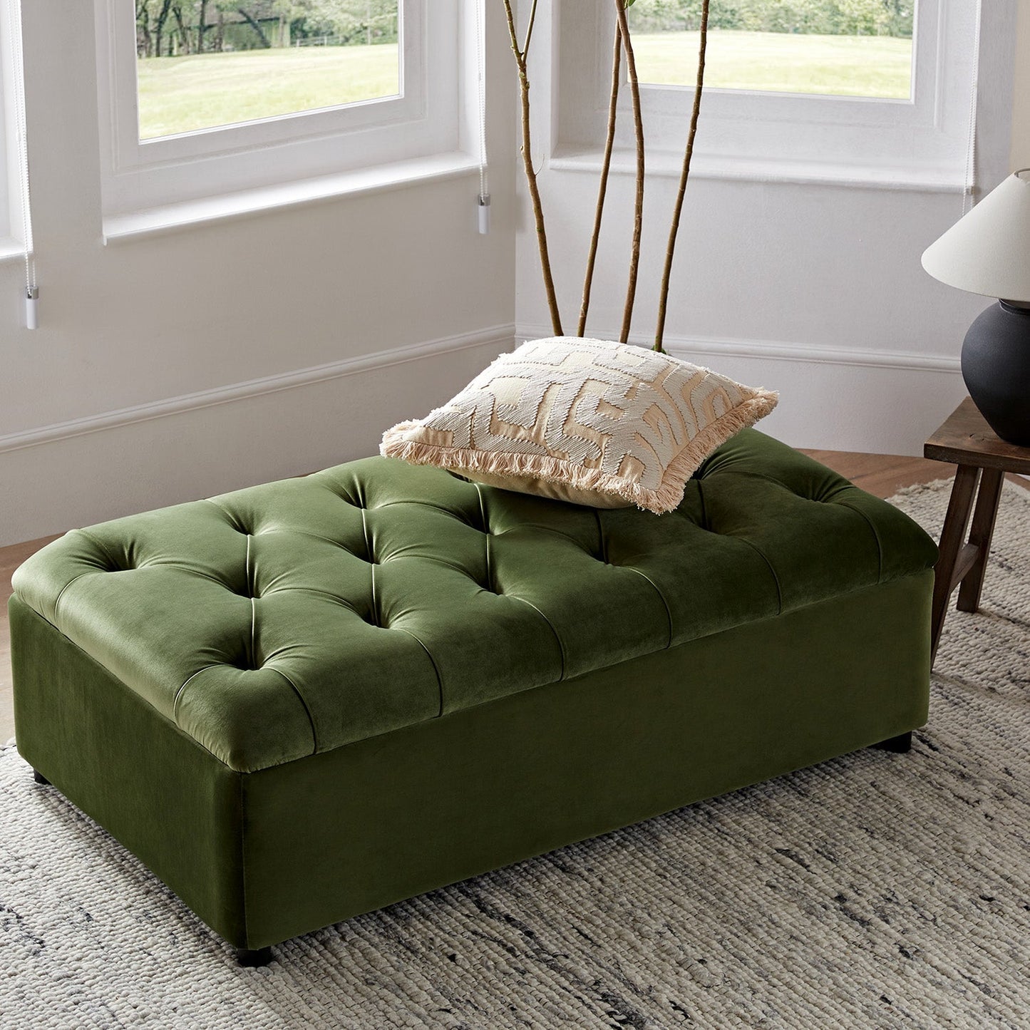 Petit lit double rabattable Portland avec boutons, ottoman, velours vert mousse