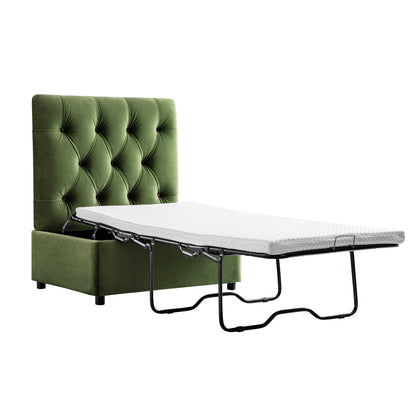Lit simple rabattable Portland à boutons, ottoman, velours vert mousse