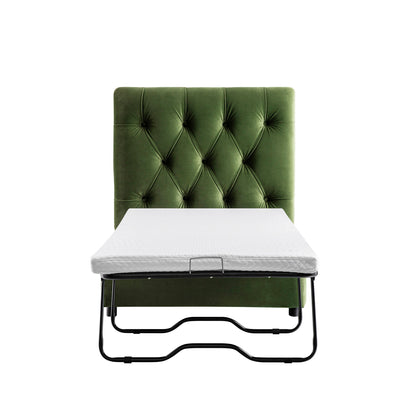 Lit simple rabattable Portland à boutons, ottoman, velours vert mousse