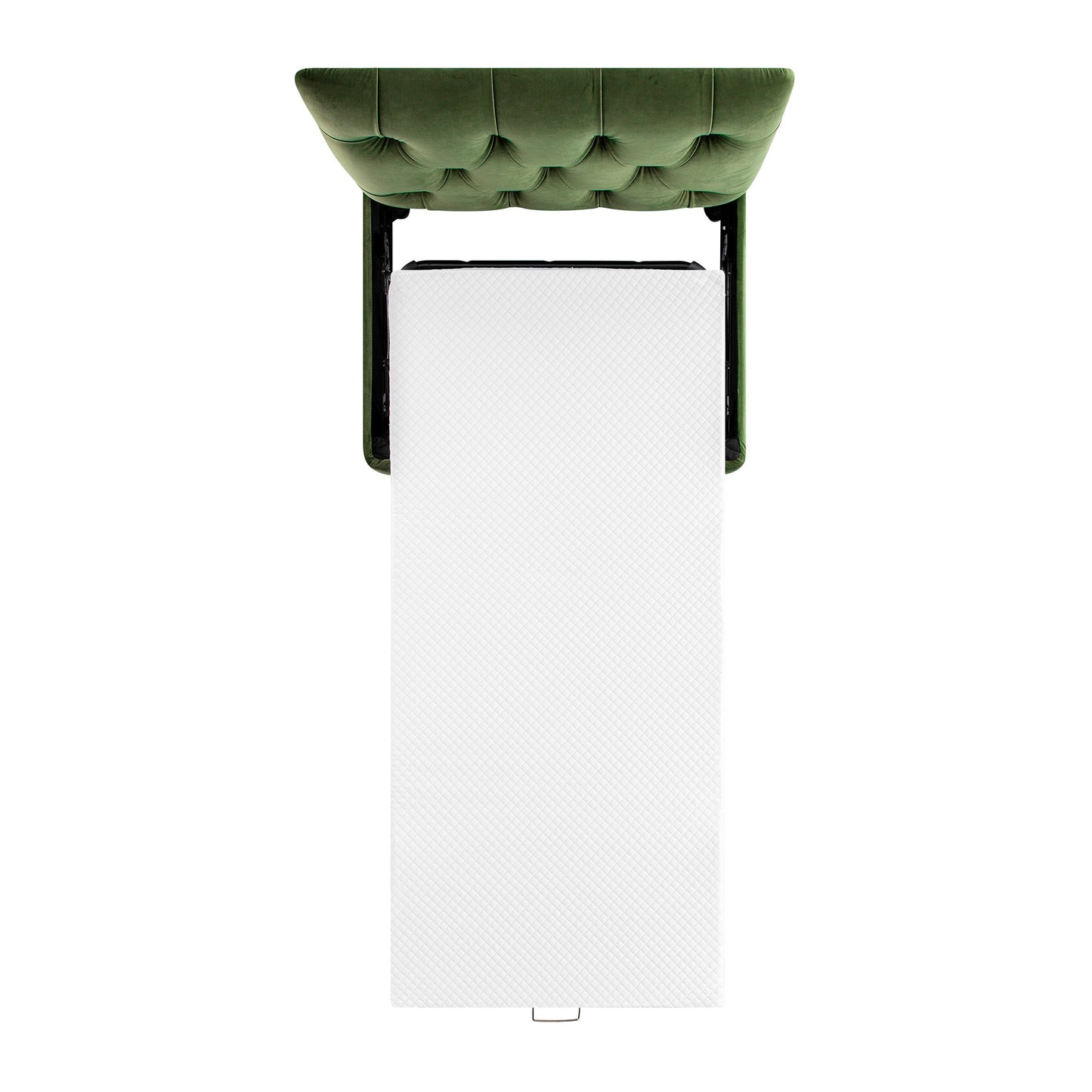 Lit simple rabattable Portland à boutons, ottoman, velours vert mousse