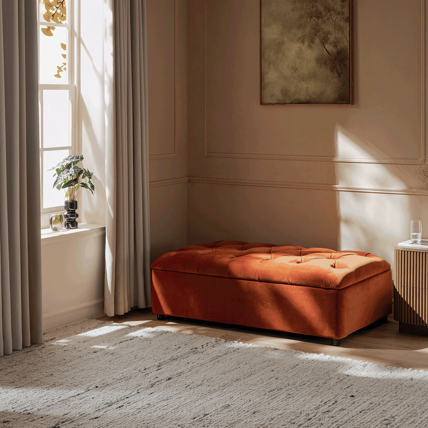 Petit lit double rabattable Portland avec boutons, ottoman, velours rouille