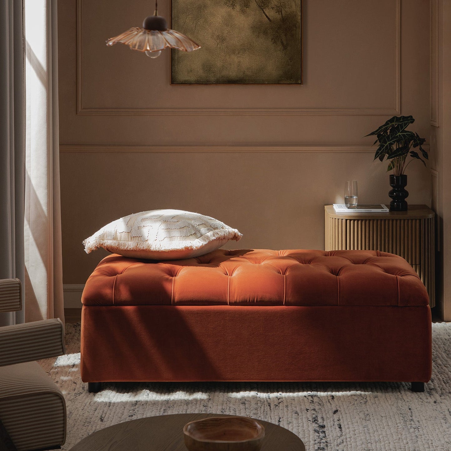 Petit lit double rabattable Portland avec boutons, ottoman, velours rouille