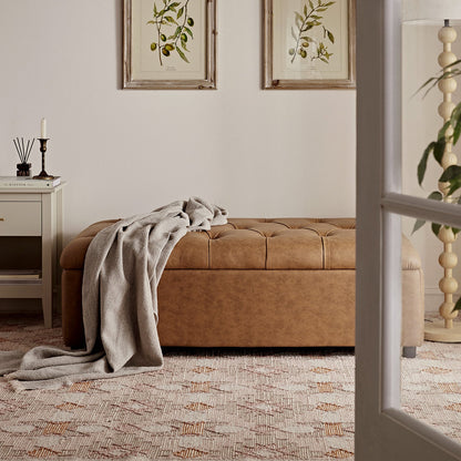 Petit lit double rabattable Portland avec boutons, ottoman, simili-daim beige