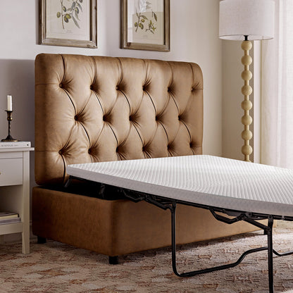 Petit lit double rabattable Portland avec boutons, ottoman, simili-daim beige