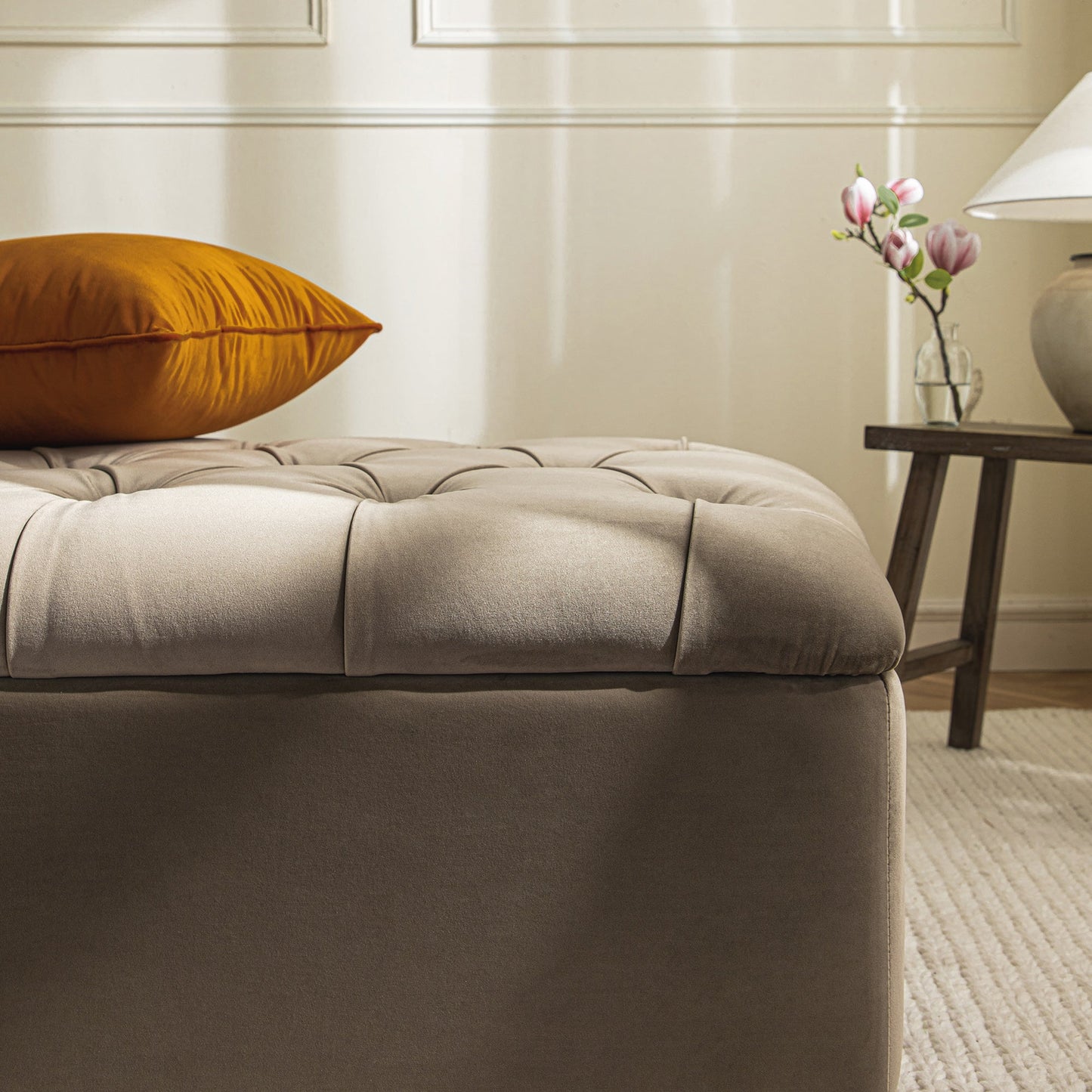 Petit lit double rabattable Portland avec boutons, ottoman, velours vison