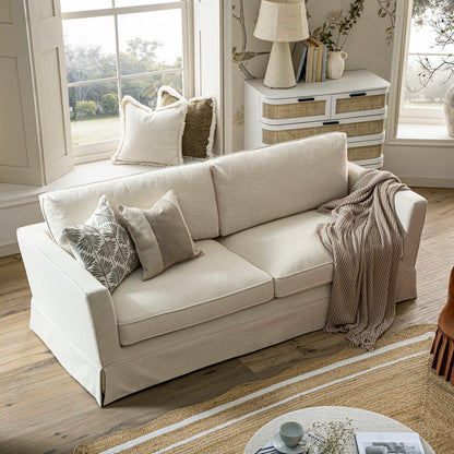 Grand canapé 3 places Fitz avec jupe, mélange de lin couleur avoine