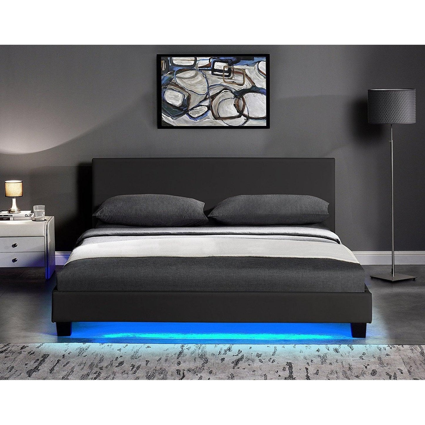 Cadre de lit URSA en cuir PU noir avec LED sur le pied