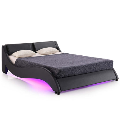 Cadre de lit rembourré en similicuir CORVUS avec éclairage LED sous le lit, noir