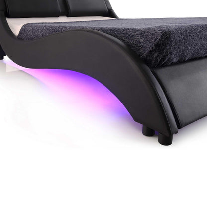 Cadre de lit rembourré en similicuir CORVUS avec éclairage LED sous le lit, noir