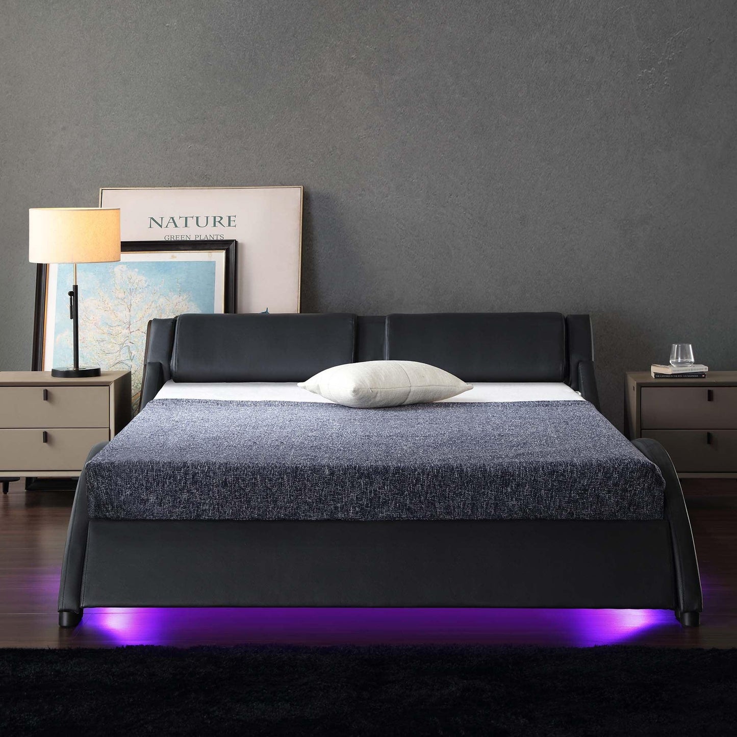 Cadre de lit rembourré en similicuir CORVUS avec éclairage LED sous le lit, noir