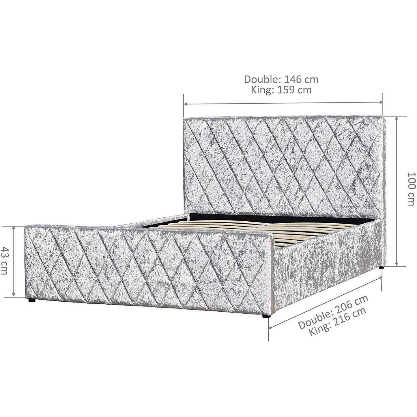 Cadre de lit rembourré en velours écrasé Hayden avec rangement latéral relevable, argent