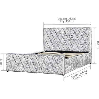 Cadre de lit rembourré en velours écrasé Hayden avec rangement latéral relevable, argent