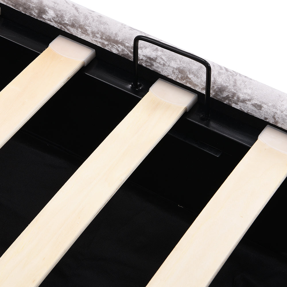 Cadre de lit rembourré en velours écrasé Hayden avec rangement latéral relevable, argent