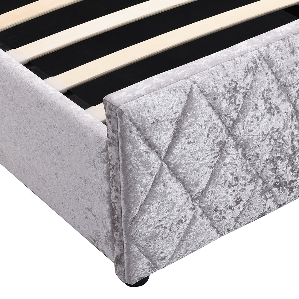 Cadre de lit rembourré en velours écrasé Hayden avec rangement latéral relevable, argent