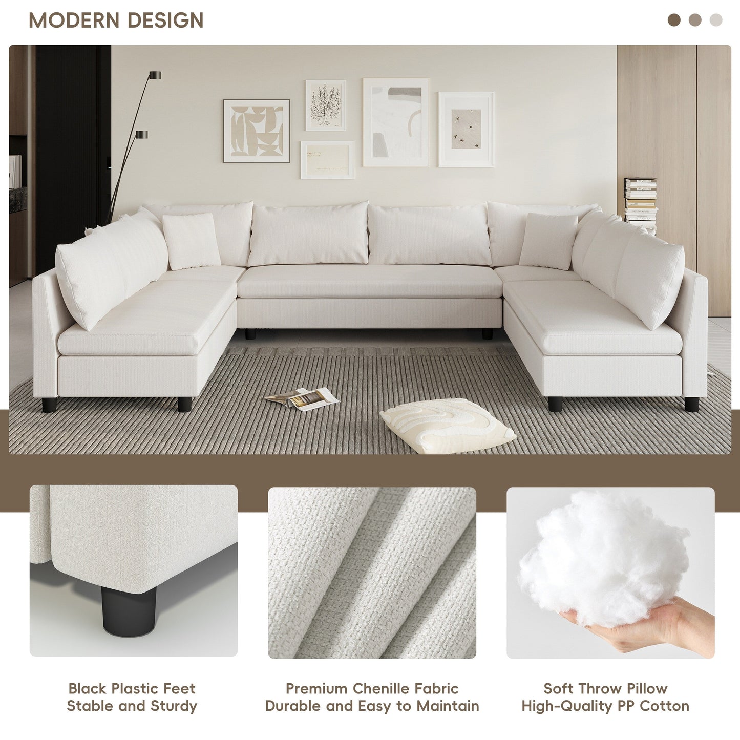 Canapé d'angle, canapé réversible en chenille en forme de U, combinaison libre, canapé convertible 8 places surdimensionné