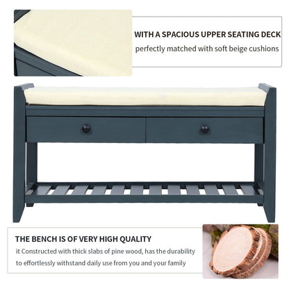 Meuble à chaussures avec assise rembourrée et tiroirs, banc de rangement multifonctionnel, bleu marine antique - 39 cm (L) x 14 cm (l) x 19,8 cm (H)