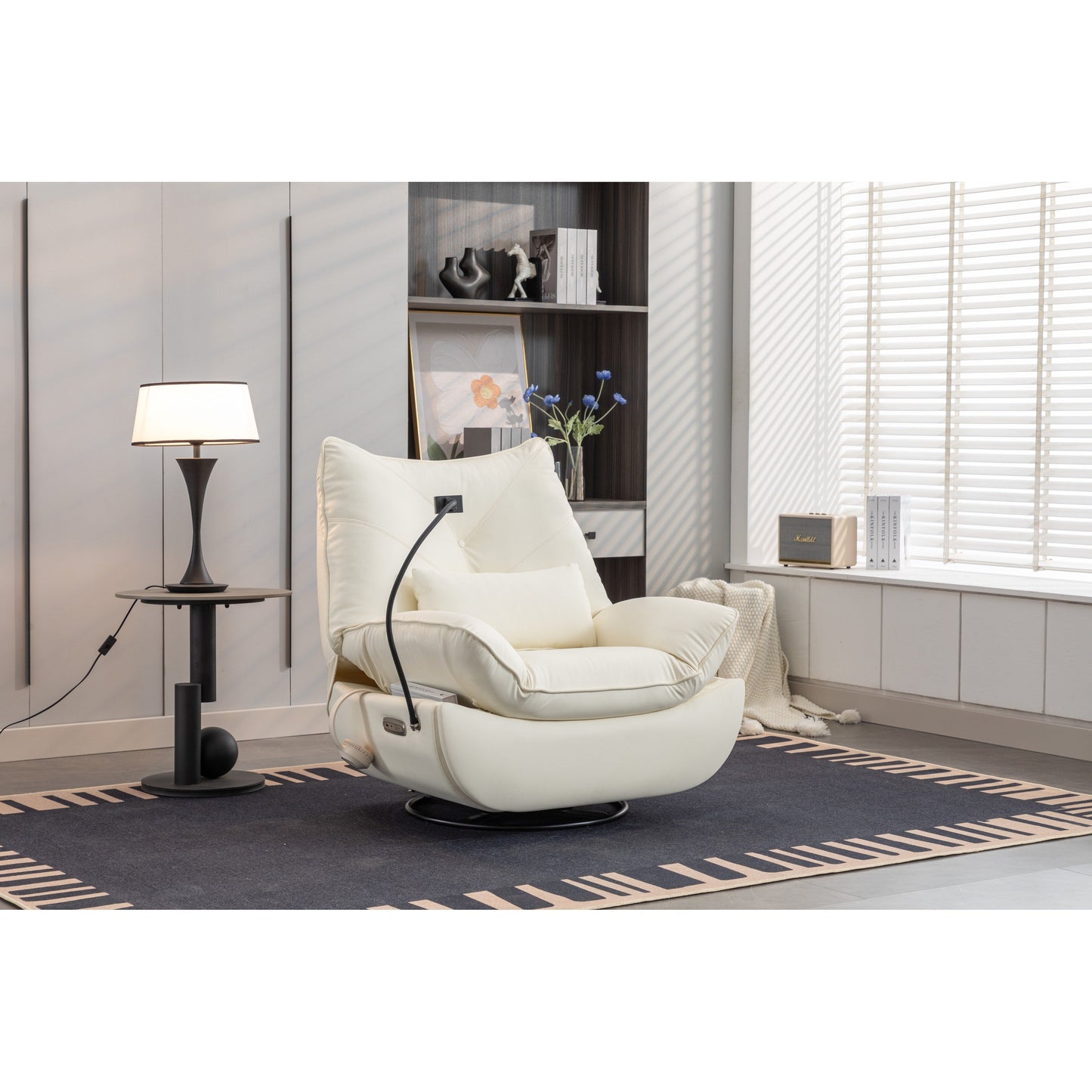 Fauteuil inclinable électrique pivotant avec haut-parleurs Bluetooth, support pour téléphone, ports de chargement USB et Type-C, rangement dissimulé dans l'accoudoir