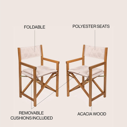Chaise de réalisateur pliable d'extérieur Theo Classic en bois d'acacia, style milieu du siècle, avec dossier matelassé en losanges et coussin (lot de 2), par JONATHAN Y