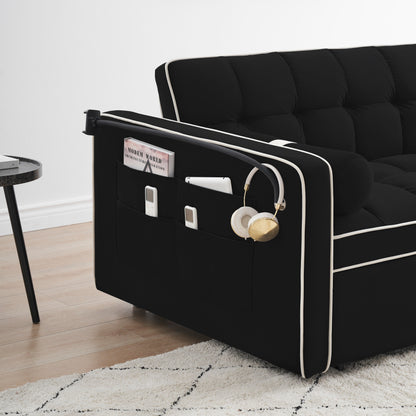 Canapé-lit convertible 2 places en velours de 140 cm avec lit gigogne, dossier inclinable, poches latérales et support pour téléphone