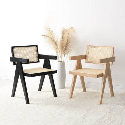 Chaise de salle à manger Jeanne en rotin et hêtre massif de couleur noire