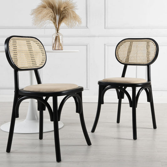 Ensemble de 2 chaises de salle à manger Anya en rotin et tissu, couleur noire
