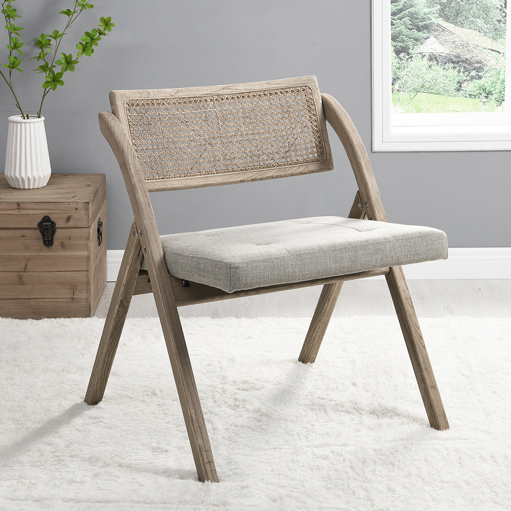 Chaise pliante en rotin naturel Bordon avec assise rembourrée grise