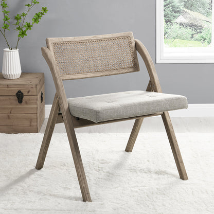 Chaise pliante en rotin naturel Bordon avec assise rembourrée grise