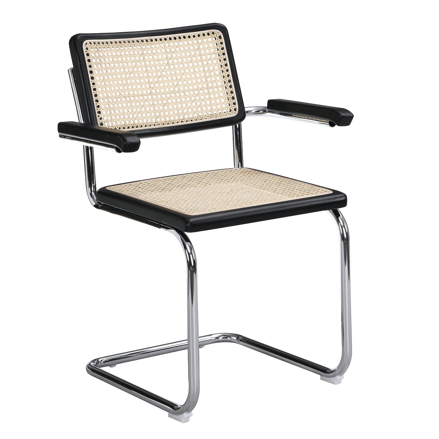 Paire de chaises de salle à manger Rayna en hêtre massif avec accoudoirs, rotin naturel et chrome (noir)