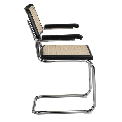 Paire de chaises de salle à manger Rayna en hêtre massif avec accoudoirs, rotin naturel et chrome (noir)