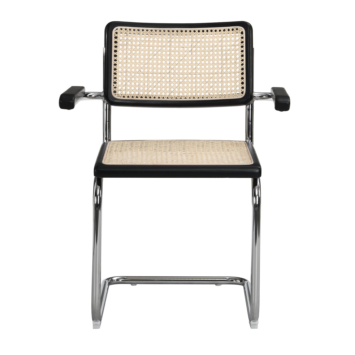 Paire de chaises de salle à manger Rayna en hêtre massif avec accoudoirs, rotin naturel et chrome (noir)