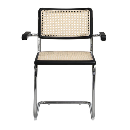 Paire de chaises de salle à manger Rayna en hêtre massif avec accoudoirs, rotin naturel et chrome (noir)