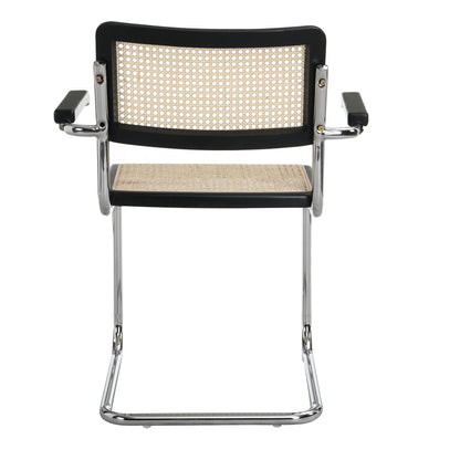 Paire de chaises de salle à manger Rayna en hêtre massif avec accoudoirs, rotin naturel et chrome (noir)