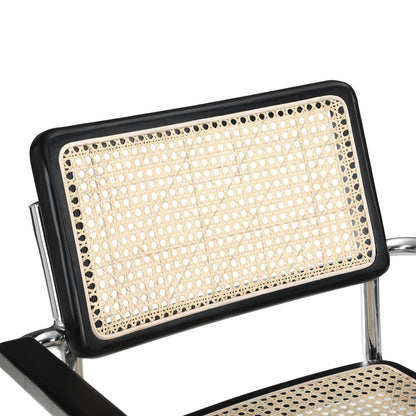 Paire de chaises de salle à manger Rayna en hêtre massif avec accoudoirs, rotin naturel et chrome (noir)