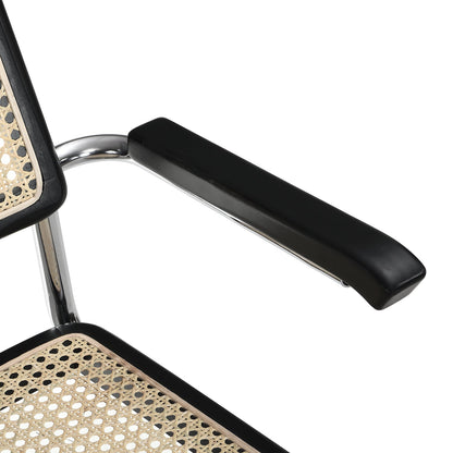 Paire de chaises de salle à manger Rayna en hêtre massif avec accoudoirs, rotin naturel et chrome (noir)