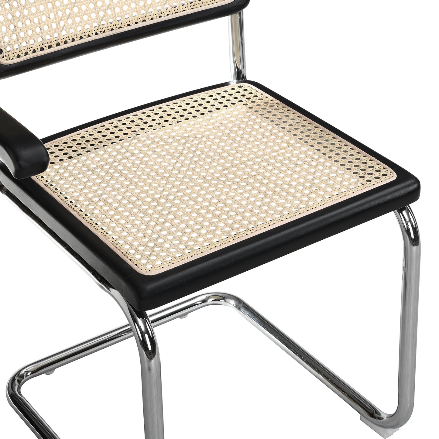 Paire de chaises de salle à manger Rayna en hêtre massif avec accoudoirs, rotin naturel et chrome (noir)