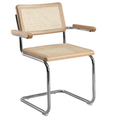 Paire de chaises de salle à manger Rayna en hêtre massif avec accoudoirs, rotin naturel et chrome (naturel)