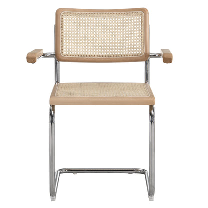 Paire de chaises de salle à manger Rayna en hêtre massif avec accoudoirs, rotin naturel et chrome (naturel)