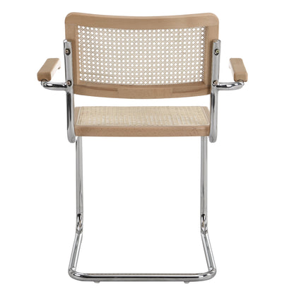 Paire de chaises de salle à manger Rayna en hêtre massif avec accoudoirs, rotin naturel et chrome (naturel)