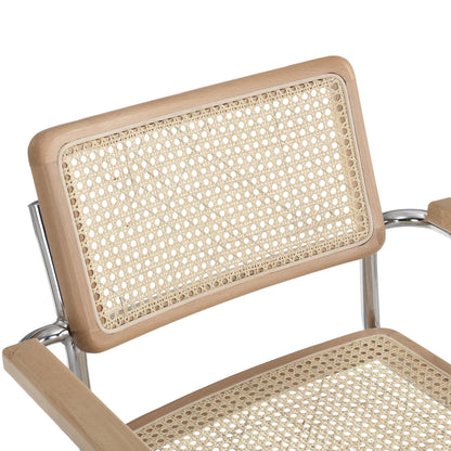 Paire de chaises de salle à manger Rayna en hêtre massif avec accoudoirs, rotin naturel et chrome (naturel)