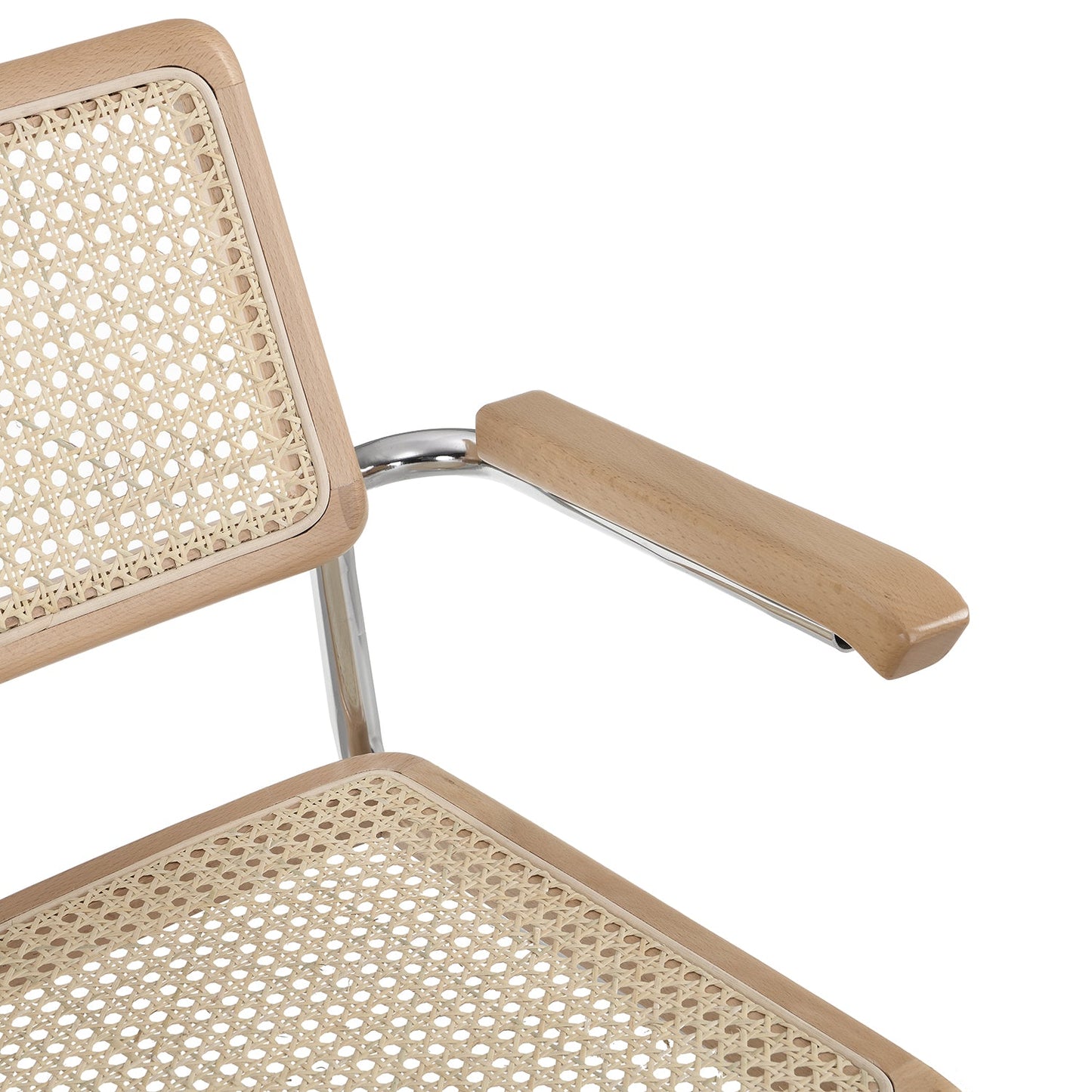 Paire de chaises de salle à manger Rayna en hêtre massif avec accoudoirs, rotin naturel et chrome (naturel)