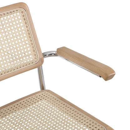 Paire de chaises de salle à manger Rayna en hêtre massif avec accoudoirs, rotin naturel et chrome (naturel)