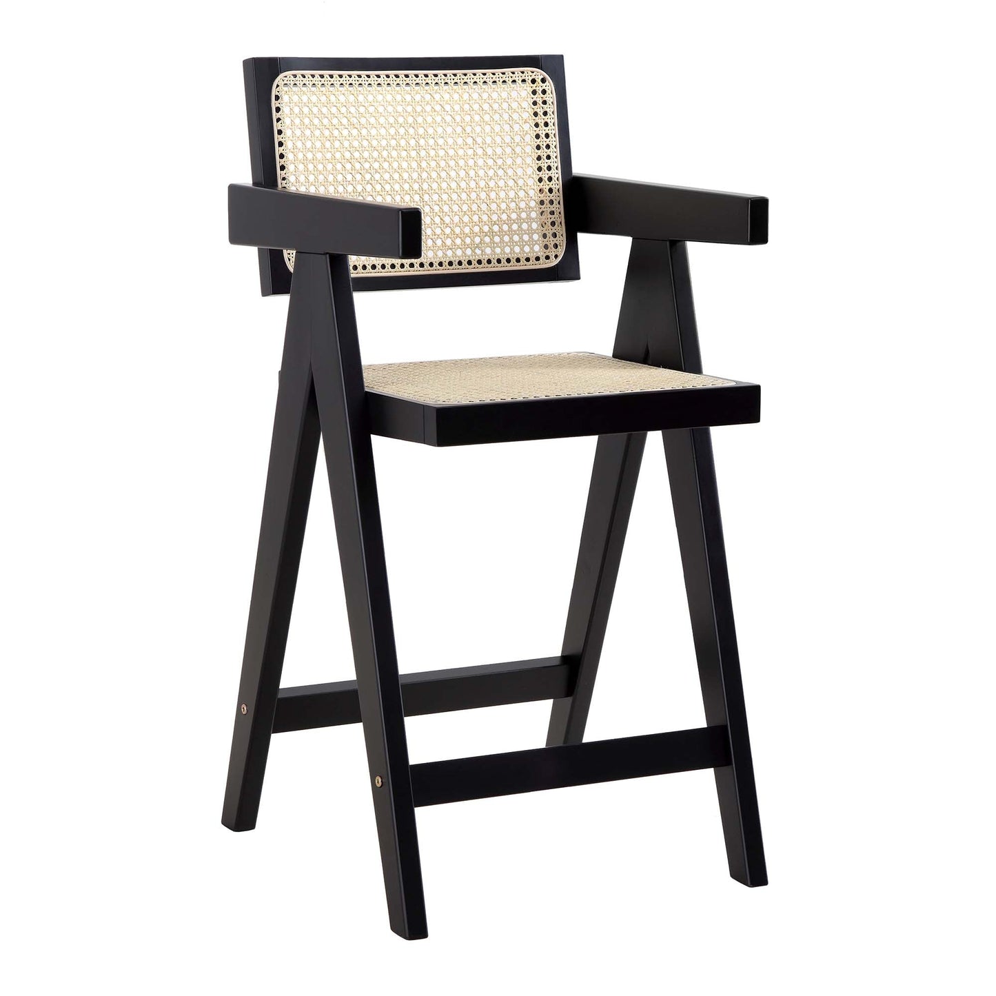 Tabouret de bar Jeanne en hêtre massif et rotin noir