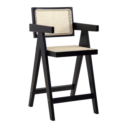 Tabouret de bar Jeanne en hêtre massif et rotin noir