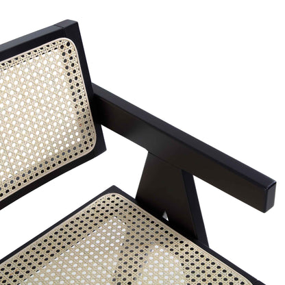 Tabouret de bar Jeanne en hêtre massif et rotin noir