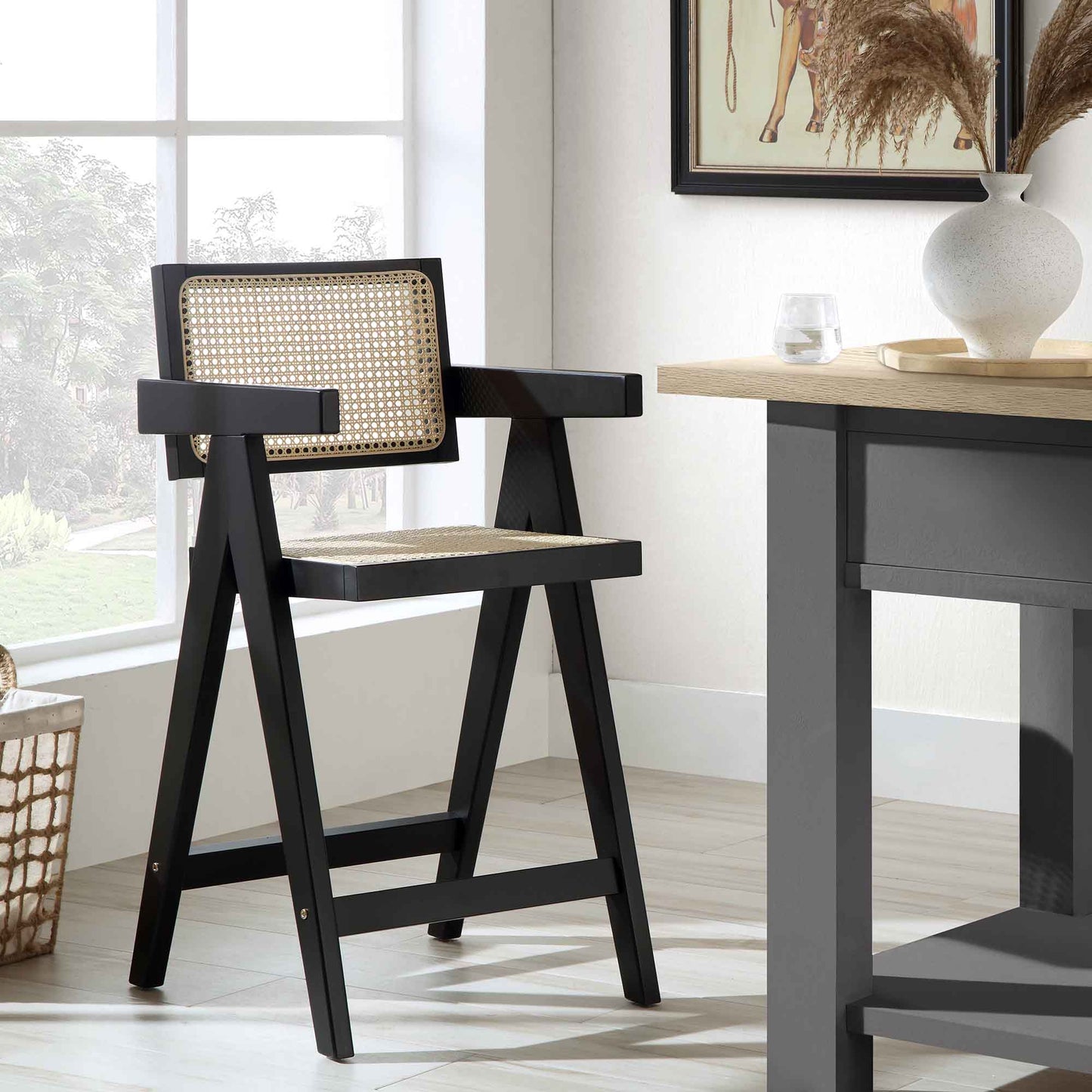 Tabouret de bar Jeanne en hêtre massif et rotin noir