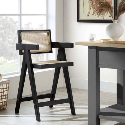 Tabouret de bar Jeanne en hêtre massif et rotin noir